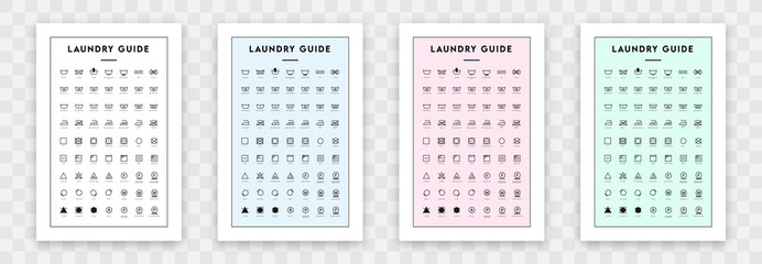 Laundy guide poster vector set. Isolated laundry symbols. Washing care, textile signs background. Laundering icons collection : wash, dry, tumble dry, iron, bleach. Vector labels illustration.
