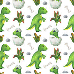 Seamless pattern with green dinosaurs and a hatched baby. Watercolor Tyrannosaurus rex on a white background, sample dino print for fabric, textiles, wallpaper, packaging, paper