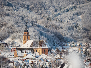 Winter's Tale. Snow-covered clean light landscape of Alsace.