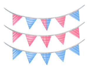 Watercolor garland of triangular flags of pale pink and blue isolated on a white background. Cute Decor for Newborn baby holiday, Birthday, Valentine's day, Wedding