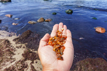 Amber in the palm of my hand. Semiprecious stones of amber. Sea shore and amber.