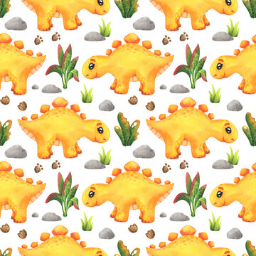 Seamless pattern with yellow stegosaurus . Watercolor dinosaur on a white background, sample dino print for fabric, textiles, wallpaper, packaging, paper