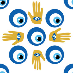doodle seamless pattern Hamsa eye, magical eye, decor element. Pink, green, golden eyes. Fabric textile