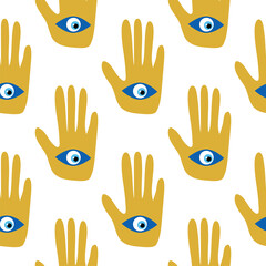 Fototapeta premium doodle seamless pattern Hamsa eye, magical eye, decor element. Pink, green, golden eyes. Fabric textile