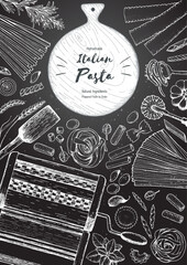 Italian pasta top view frame. Hand drawn vector illustration. Collection of pasta different types. Italian food design template. Engraved sketch style.