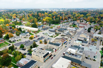 Fototapeta na wymiar Aerial of Fergus, Ontario, Canada in fall