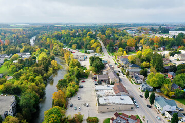 Fototapeta na wymiar Aerial of the town of Fergus, Ontario, Canada in autumn