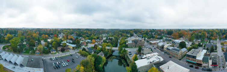 Fototapeta na wymiar Aerial panorama of Fergus, Ontario, Canada by the Grand River