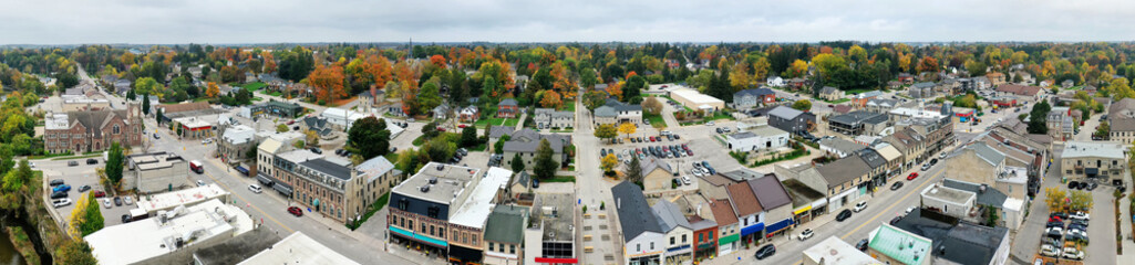 Aerial panorama scene of Fergus, Ontario, Canada in autumn