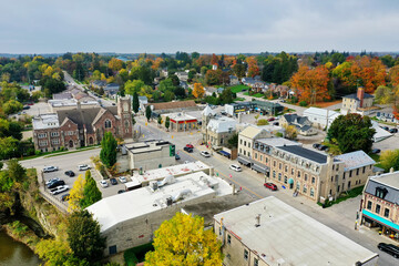 Aerial of Fergus, Ontario, Canada in autumn