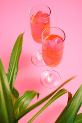 Minimal retro composition  of two champagne glasses with cocktail and green leaves on pink background.