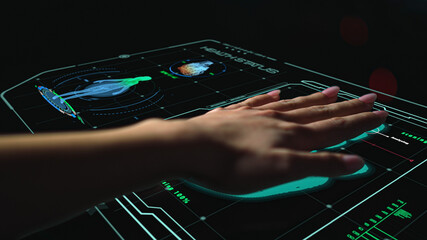 Futuristic medical biometrical scanner analysing hand check health level closeup