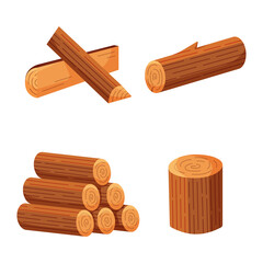 Set of lumber. Collection include wooden logs, stump, firewood and tree branch. Isolated vector illustration in cartoon flat style.