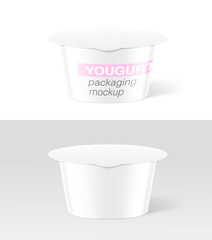 Set of yogurt container packaging mockup. Vector illustration on different backgrounds. Easy to use for presentation your product, idea, design. Front and side view. EPS10.	