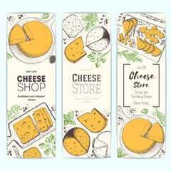 Cheese top view, vertical banners collection. Food menu design with colorful cheese. Vintage hand drawn sketch vector illustration.