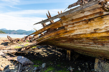 Detail of shipwreck in Squirrel Cove, Cortes Island, British Columbia, Canada
