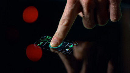 Closeup fingerprint health scanner display information analyse biometrical data