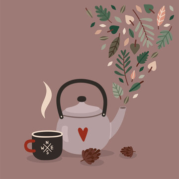 teapot and mug with autumn leaves clip art preview