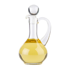 Vegetable oil in glass jug isolated on white background