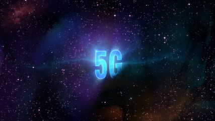 A cosmic sky with a shining 5G technology designation in the center. Illustration on the topic of modern data transmission technology, space, progress and science.