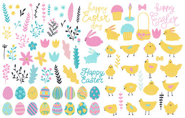 Set of Easter elements. Eggs and twigs for decoration.