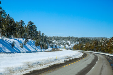 Winter road trees with the mountain snow landscape in Arizona