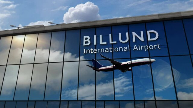 Plane landing at Billund, Denmark 3D rendering animation. Arrival in the city with the glass airport terminal and reflection of the jet aircraft. Travel, business, tourism and transport concept.
