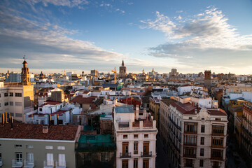 Naklejka premium VALENCIA , SPAIN - DECEMBER 6, 2021: aerial cityscape view from Serranos towers on the old town of Valencia city in Spain
