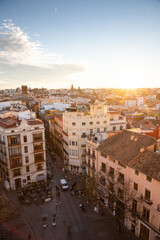 VALENCIA , SPAIN - DECEMBER 6, 2021: aerial cityscape view from Serranos towers on the old town of Valencia city in Spain