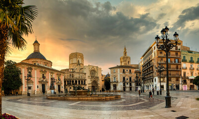 VALENCIA , SPAIN - DECEMBER 6, 2021: Square of Saint Mary's with Valencia Cathedral Temple,...