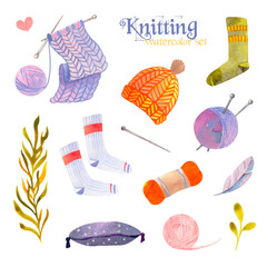 Watercolor autumn set with cute elements for design. Knitting element, cozy warm clothes, yarn and wood