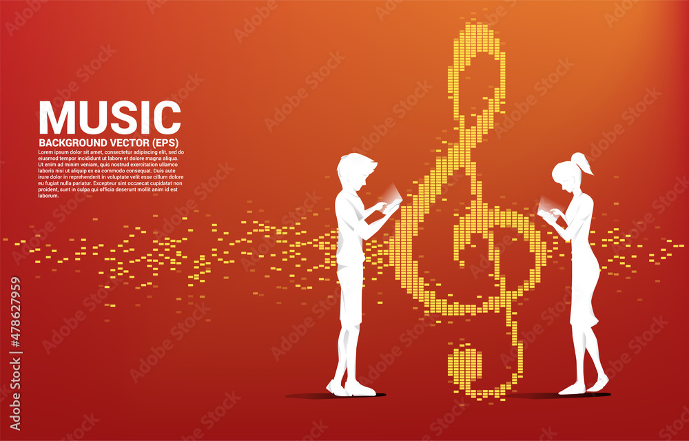 Poster silhouette of man and woman use mobile phone standing with sol key note icon sound wave music equali