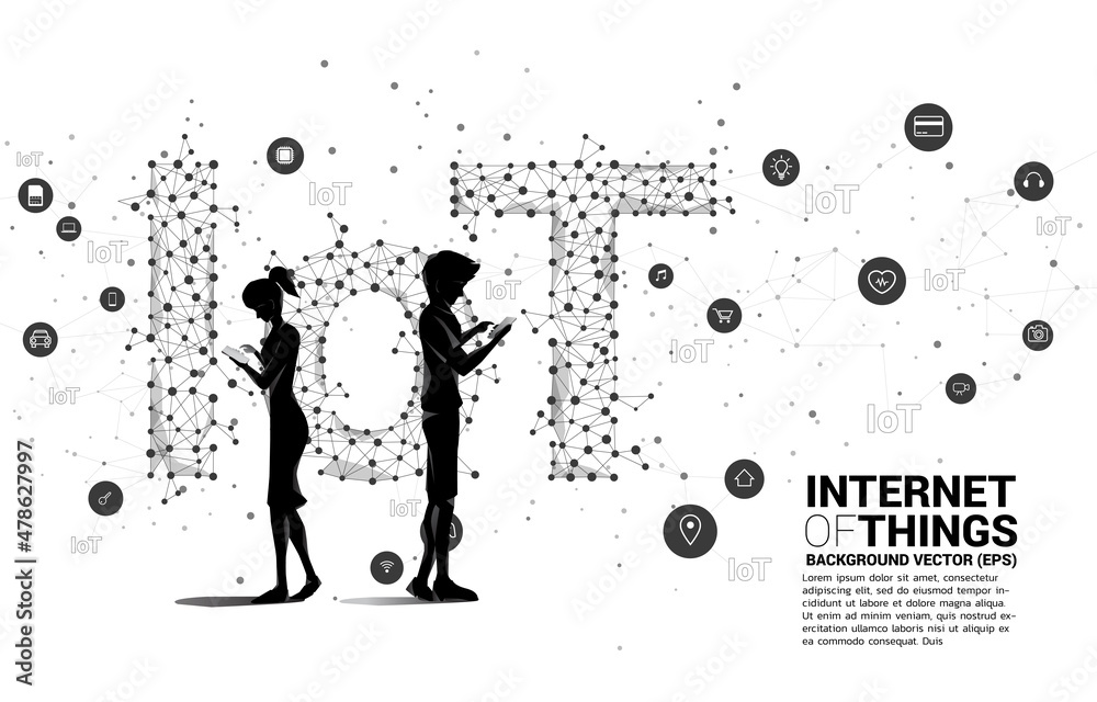 Aufkleber Silhouette of man use mobile phone standing and Polygon dot connect line shaped IoT wording . Concept for telecommunication and internet of things.