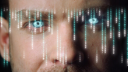 Man face matrix projection with iris lights analyse database information closeup