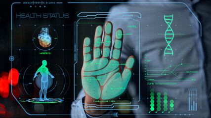 Futuristic health hand scanner identify user checking status show info closeup