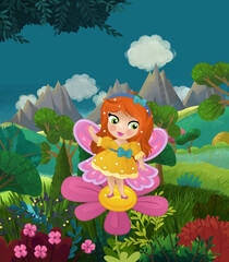 cartoon happy fairy tale scene with nature forest and funny elf