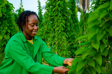 close up of a beautiful african farmer smiling in the farm