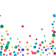 Watercolor confetti on white background. Actual rainbow colored dots. Happy celebration square colorful bright card. Brilliant hand painted confetti.
