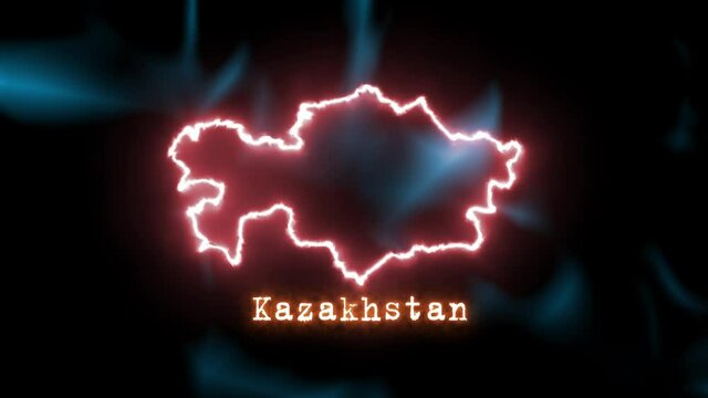 Neon map of Kazakhstan. National coup. Light animation of the map of Kazakhstan. Bright text