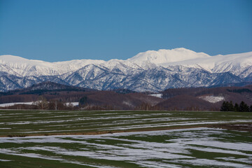 残雪の春の畑と山並み