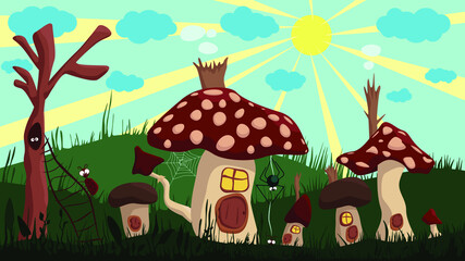 A Small Insect Settlement With Mushroom Houses, Lost In Mounds And Plants