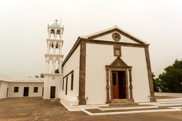 View of the famous old monastery of Agia Elesa in fog. Kythira island, Greece.