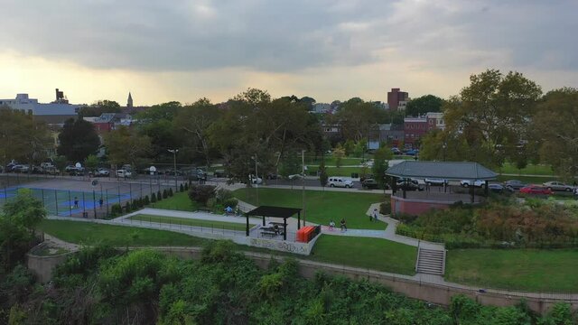 Aerial Dolly Shot View of Riverview Fisk Park on a Cloudy Day