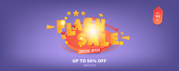 Banner Flash Sale with 50% special offer on a blue background with hearts. Font inscription with lights elements. Flat Vector Illustration EPS10