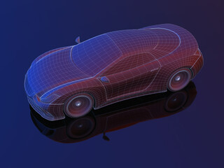Sports car blueprint concept made in 3D software. Concept image of prototype and aerodynamic tests. Clipping path included.
