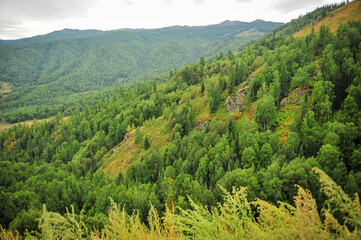 Mountains, forests, natural scenery, under the background of cloudy weather. In Xinjiang, China.