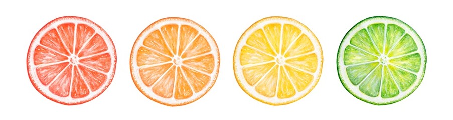 Water color illustration of different citrus fruit slices. Hand painted watercolour drawing on white background, cut out clipart details for design, print, stickers banner, poster, decorative frame. - obrazy, fototapety, plakaty