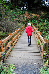Woman walking across bridge in forest