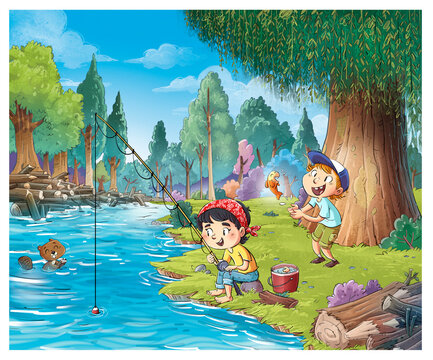 Illustration of kids fishing in the river having fun