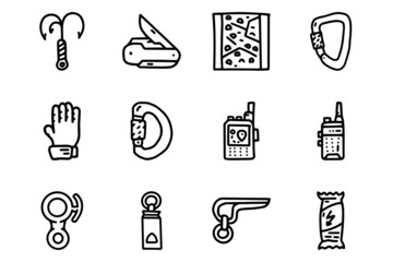 Rock climbing equipment line vector doodle simple icon set
